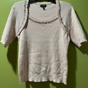 ONE WORLD Pale Pink Short Sleeve Knit Top with Beaded Trim